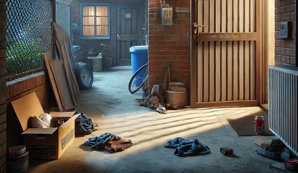 An image showing common property security issues. The scene includes a residential property with a broken gate, dim exterior ligh