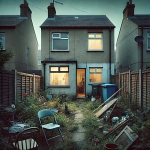 An image of the rear of a neglected residential property in a UK town, showing clear signs of vulnerability.